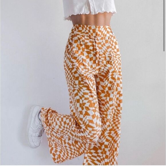 Free People Pants - Free People Menorca Mustard Psychedelic Check Wide-Leg Cropped Pants 0